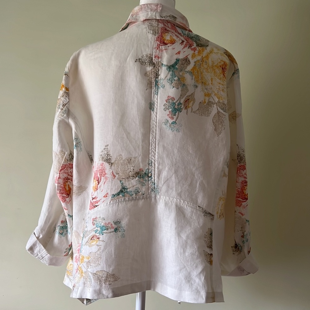 Chico’s Women Sz 2 Open Front Cardigan Linen Tunic Pastel Roses Flowers Floral - Picture 3 of 6
